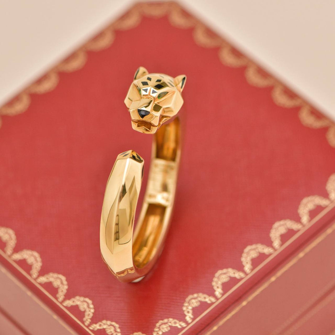 Authentic Used Full set Cartier Panthère 18k Yellow Gold Tsavorite And Onyx Bracelet Size 17