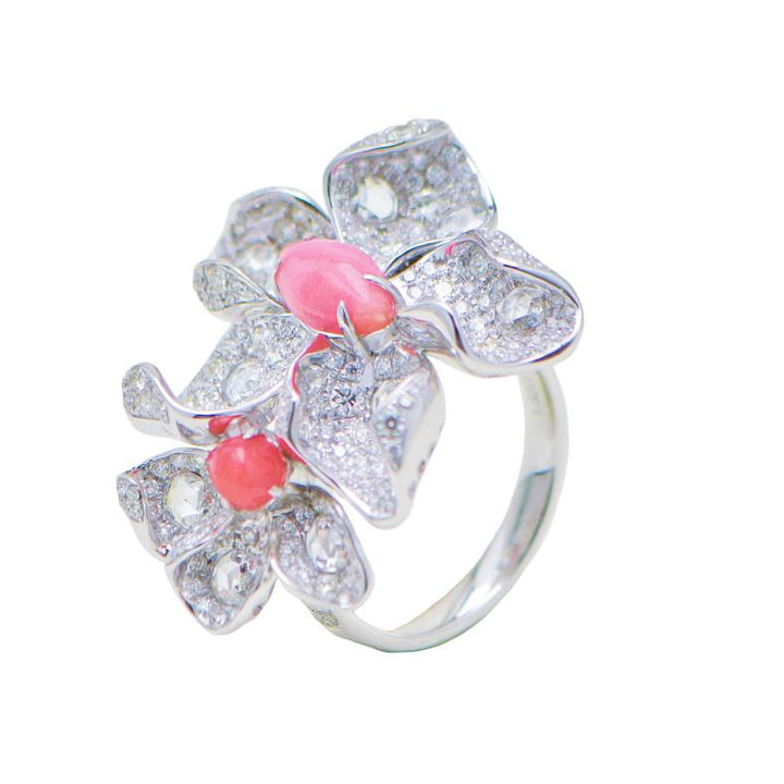 Natural Conch Pearl Diamond Flower Ring in 18K White Gold