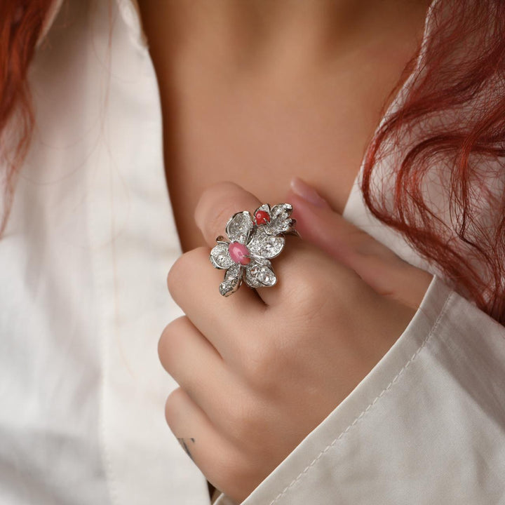 Natural Conch Pearl Diamond Flower Ring in 18K White Gold