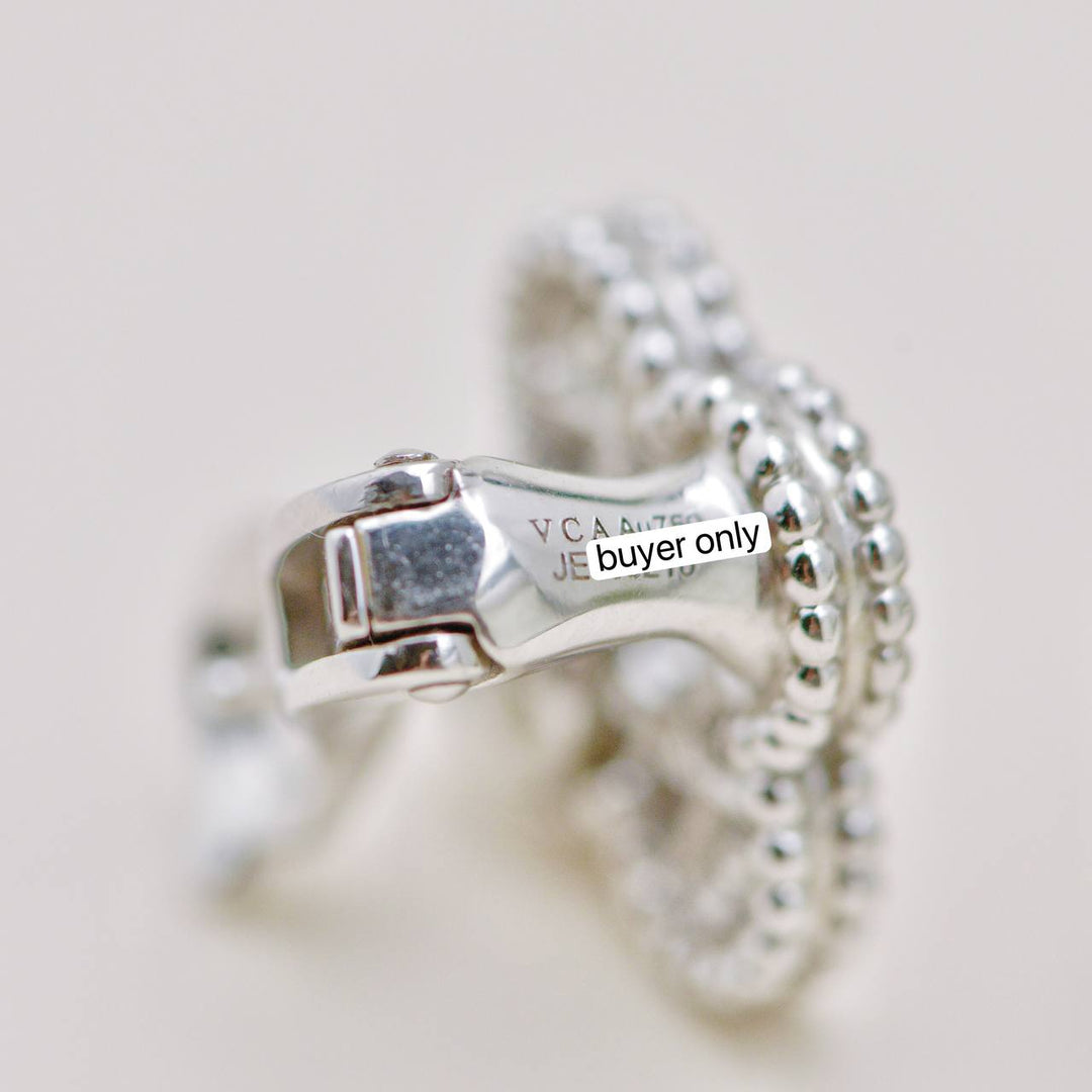 Used Authentic Van Cleef & Arpels Vintage Alhambra Stud Earrings Pavé Diamond 18K White Gold