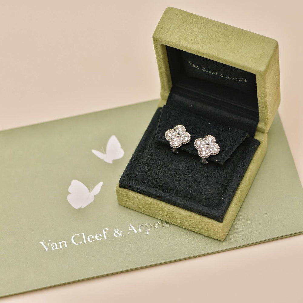 Authentic Preloved Full set Van Cleef & Arpels Vintage Alhambra Stud Earrings Pavé Diamond 18K White Gold