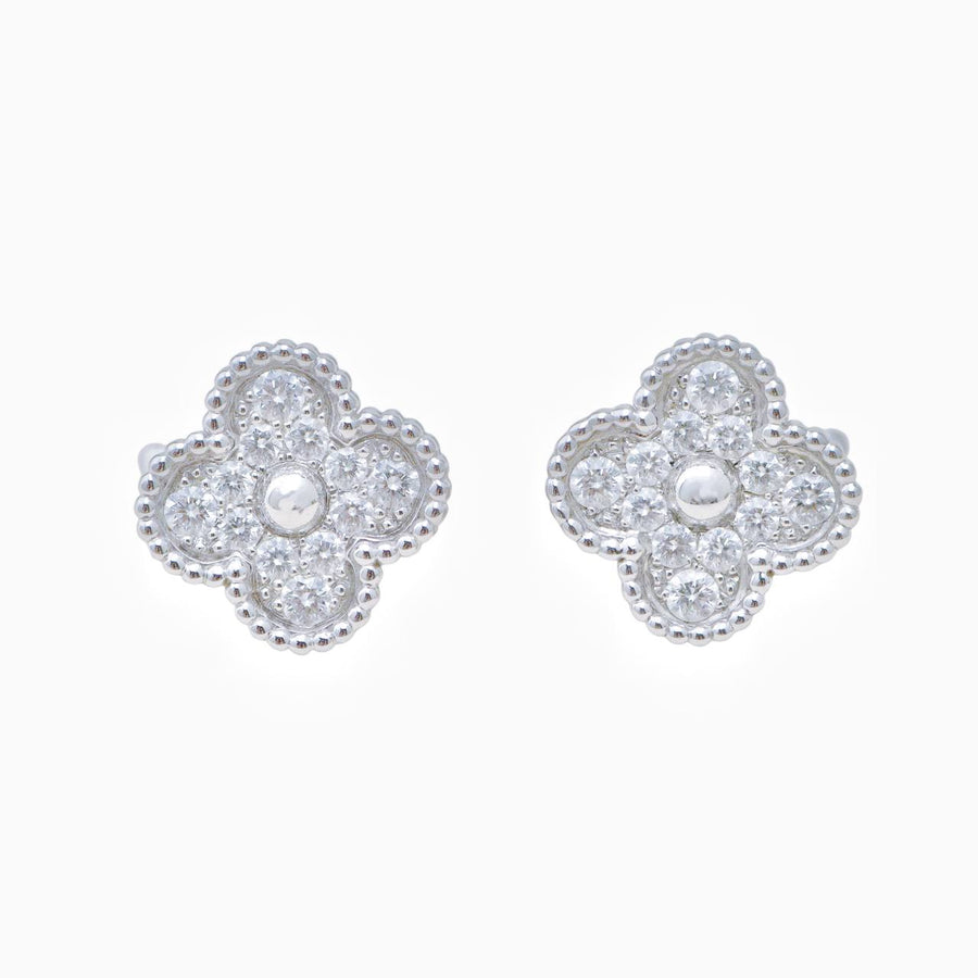 Authentic Preowned Full set Van Cleef & Arpels Vintage Alhambra Stud Earrings Pavé Diamond 18K White Gold