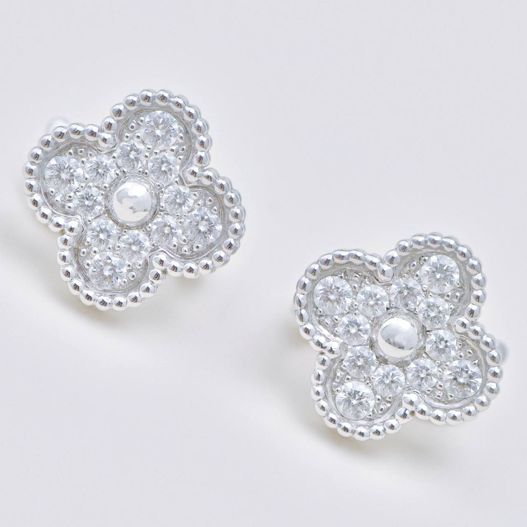 Preowned Authentic Van Cleef & Arpels Vintage Alhambra Stud Earrings Pavé Diamond 18K White Gold