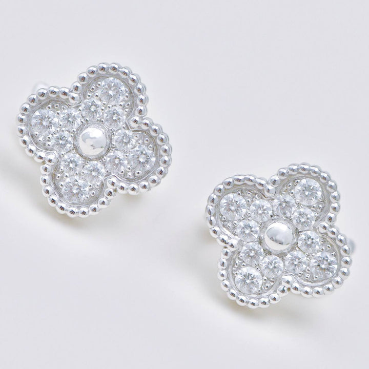 Preowned Authentic Van Cleef & Arpels Vintage Alhambra Stud Earrings Pavé Diamond 18K White Gold