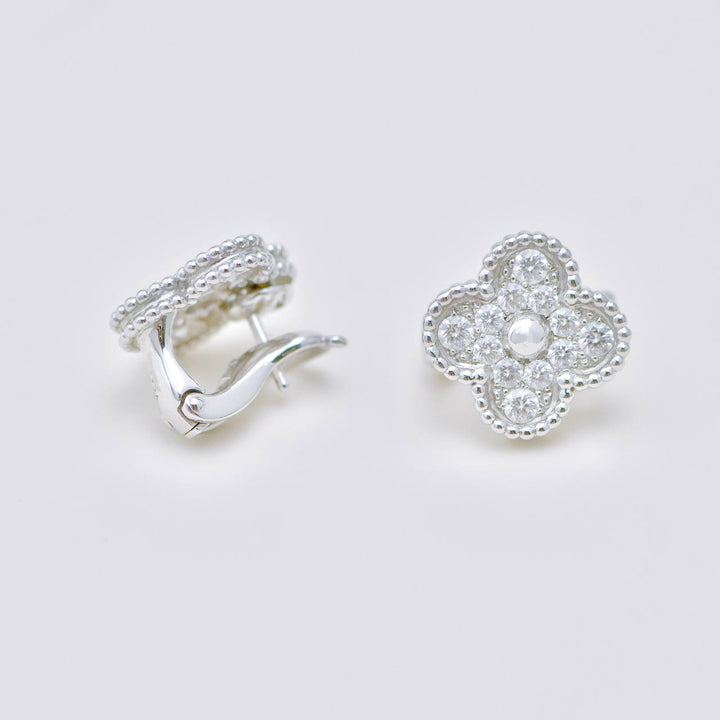 Preloved Authentic Van Cleef & Arpels Vintage Alhambra Stud Earrings Pavé Diamond 18K White Gold