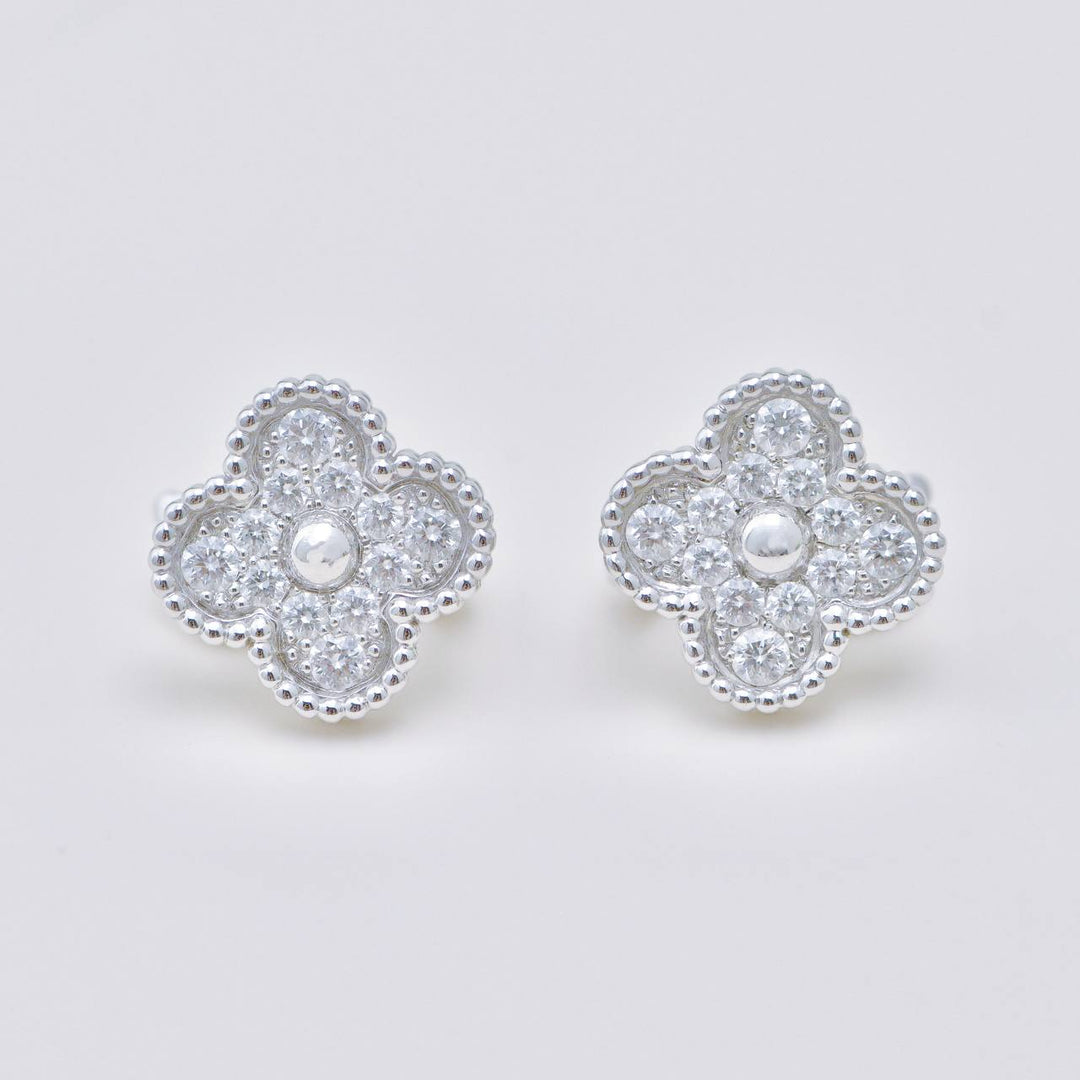 Authentic Second Hand Full set Van Cleef & Arpels Vintage Alhambra Stud Earrings Pavé Diamond 18K White Gold