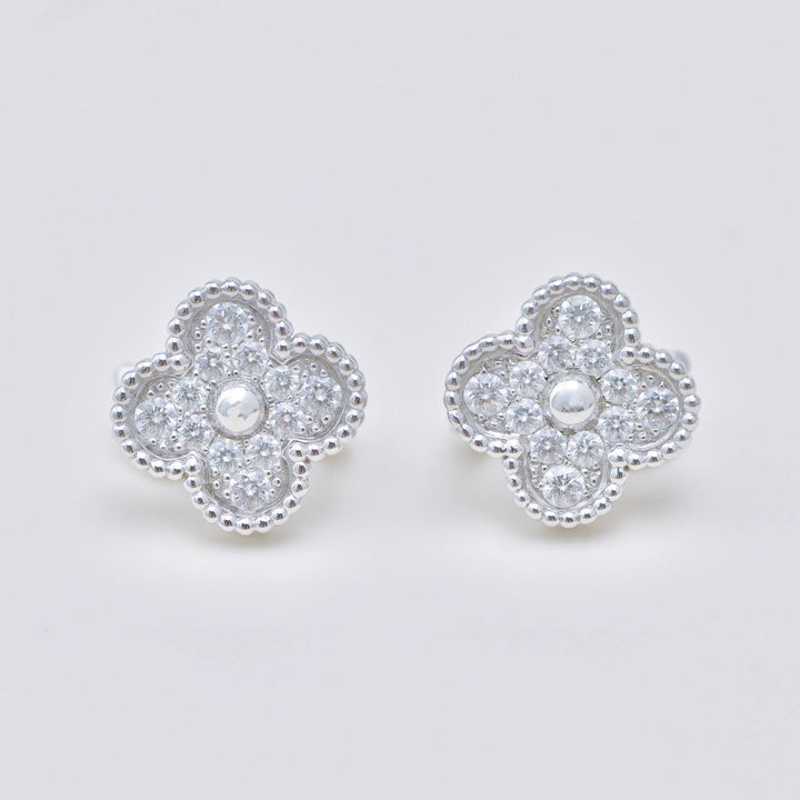 Authentic Second Hand Full set Van Cleef & Arpels Vintage Alhambra Stud Earrings Pavé Diamond 18K White Gold