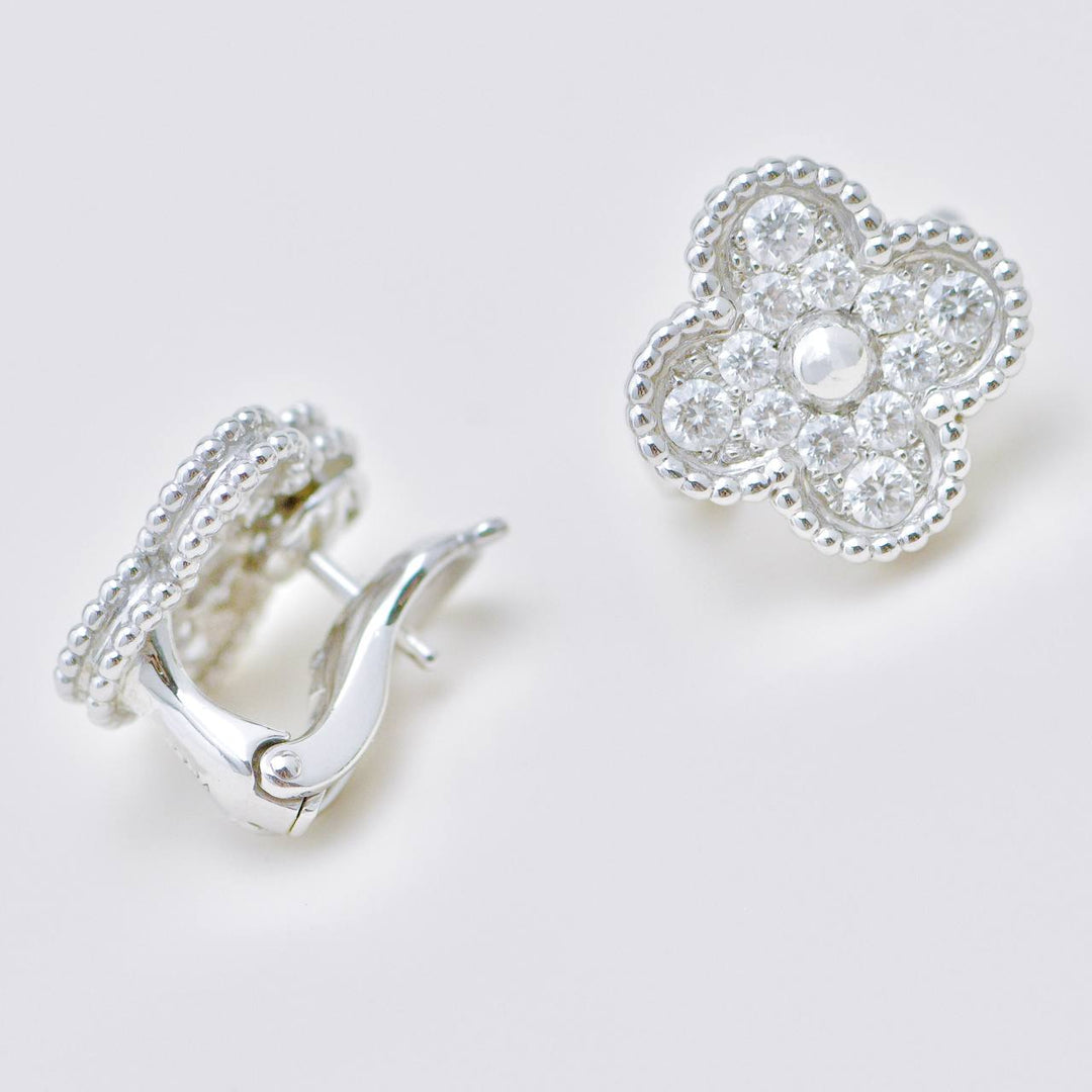 Second Hand Authentic Van Cleef & Arpels Vintage Alhambra Stud Earrings Pavé Diamond 18K White Gold