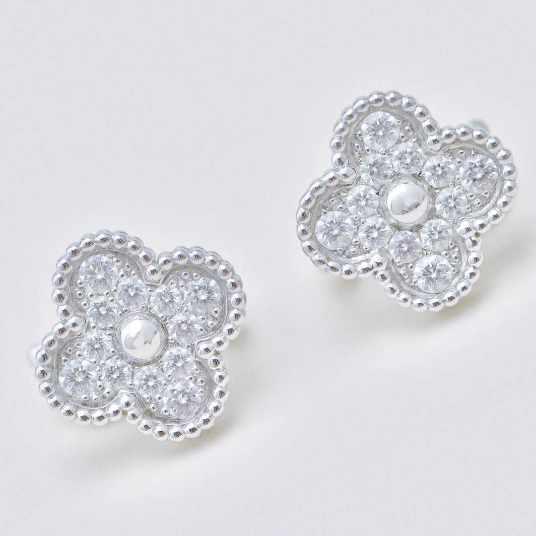 Authentic Used Full set Van Cleef & Arpels Vintage Alhambra Stud Earrings Pavé Diamond 18K White Gold