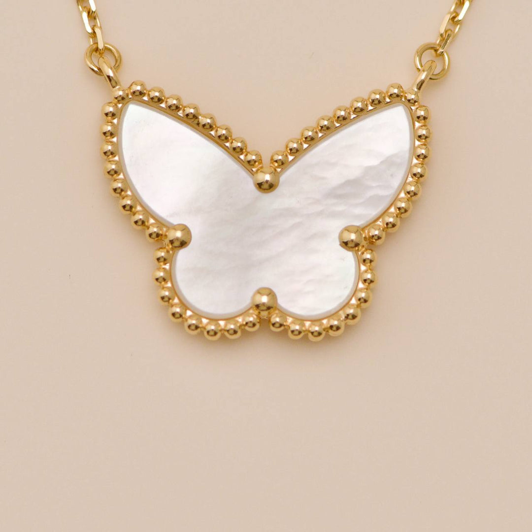 Authentic Van Cleef & Arpels Lucky Alhambra Butterfly Necklace Mother of Pearl 18K Yellow Gold