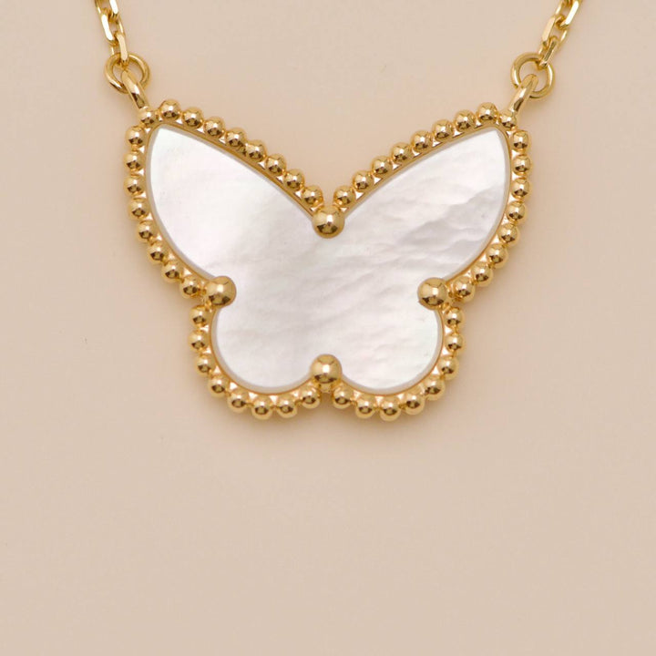 Authentic Van Cleef & Arpels Lucky Alhambra Butterfly Necklace Mother of Pearl 18K Yellow Gold