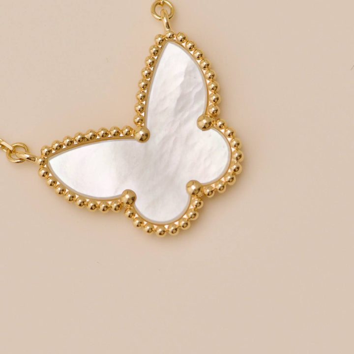 Authentic VCA Lucky Alhambra Butterfly Necklace Mother of Pearl 18K Yellow Gold