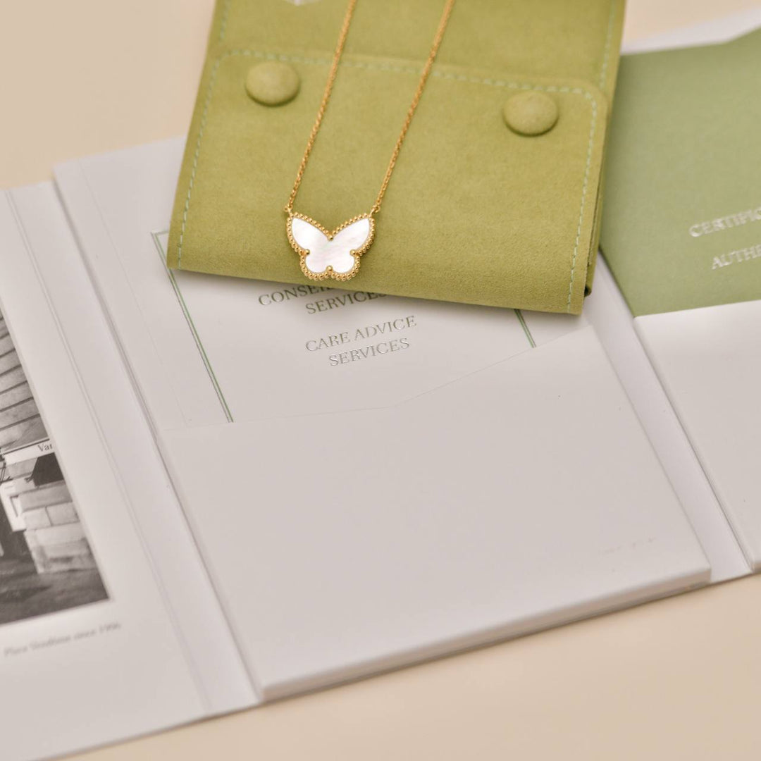 Preowned Van Cleef & Arpels Lucky Alhambra Butterfly Necklace Mother of Pearl 18K Yellow Gold