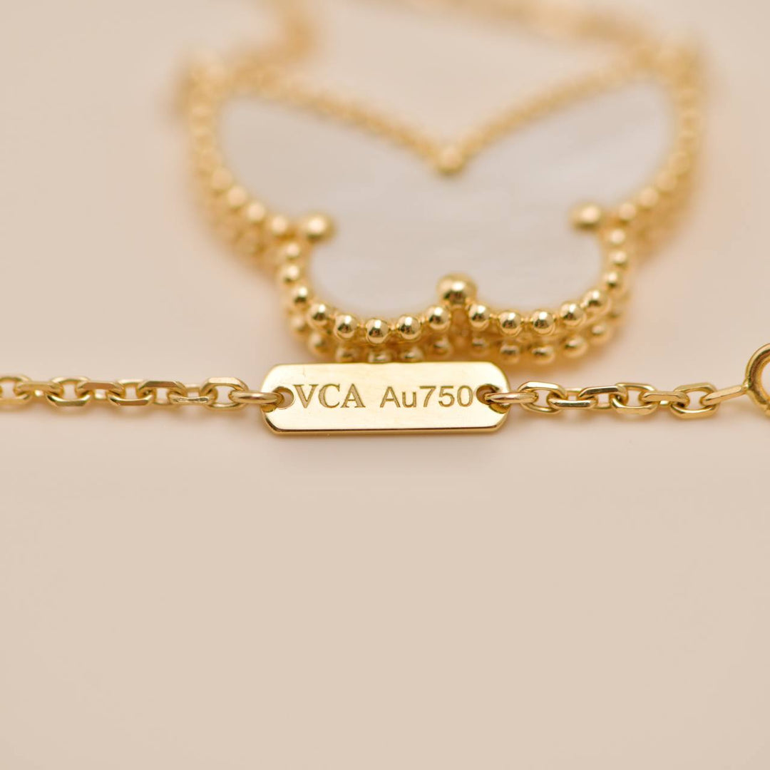 Preowned Authentic VCA Lucky Alhambra Butterfly Necklace Mother of Pearl 18K Yellow Gold