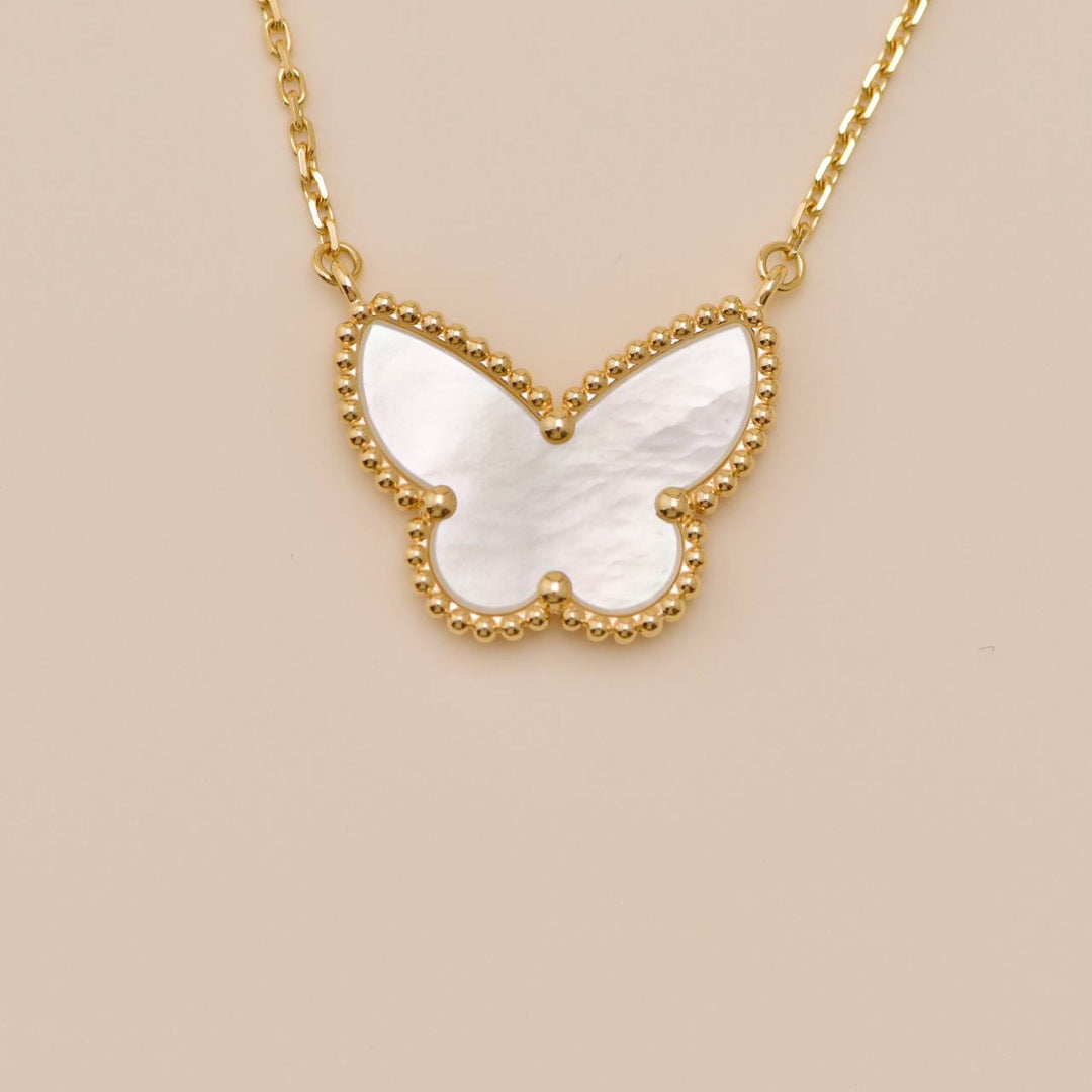 Authentic Van Cleef Lucky Alhambra Butterfly Necklace Mother of Pearl 18K Yellow Gold