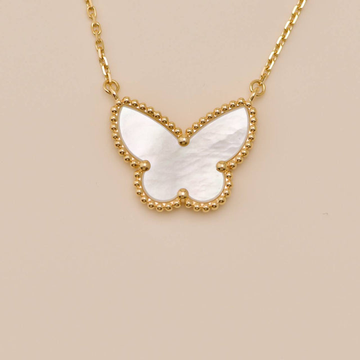Authentic Van Cleef Lucky Alhambra Butterfly Necklace Mother of Pearl 18K Yellow Gold
