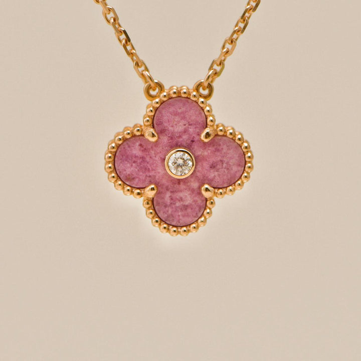 Authentic Van Cleef & Arpels Alhambra 2021 Holiday Pendant Rhodonite Diamond 18K Rose Gold