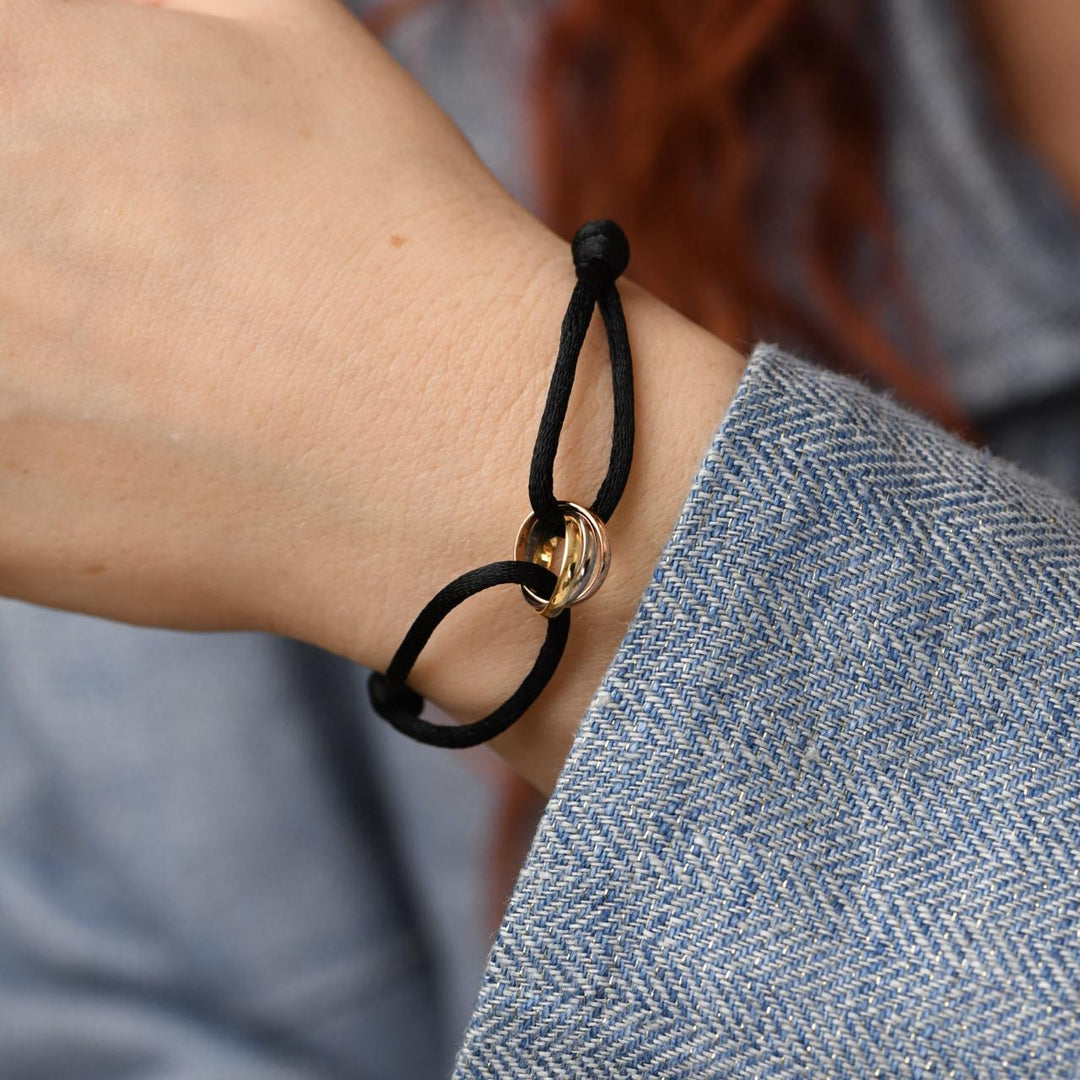 Preloved Cartier Trinity 18k White Yellow Rose Gold Black Cord Bracelet