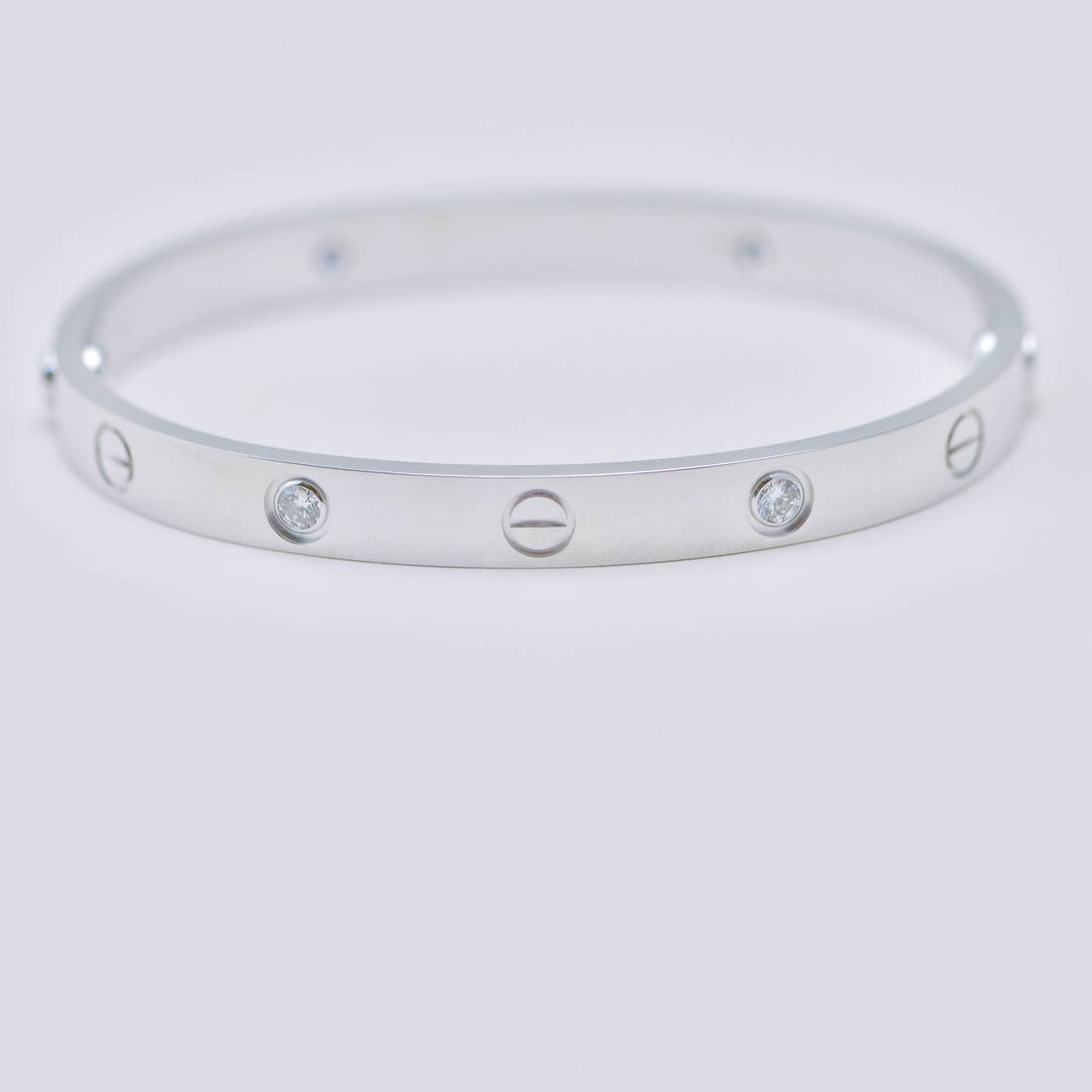 Preowned Authentic Cartier Love 4 Diamond Classic Model Bracelet 18K White Gold  Size 17