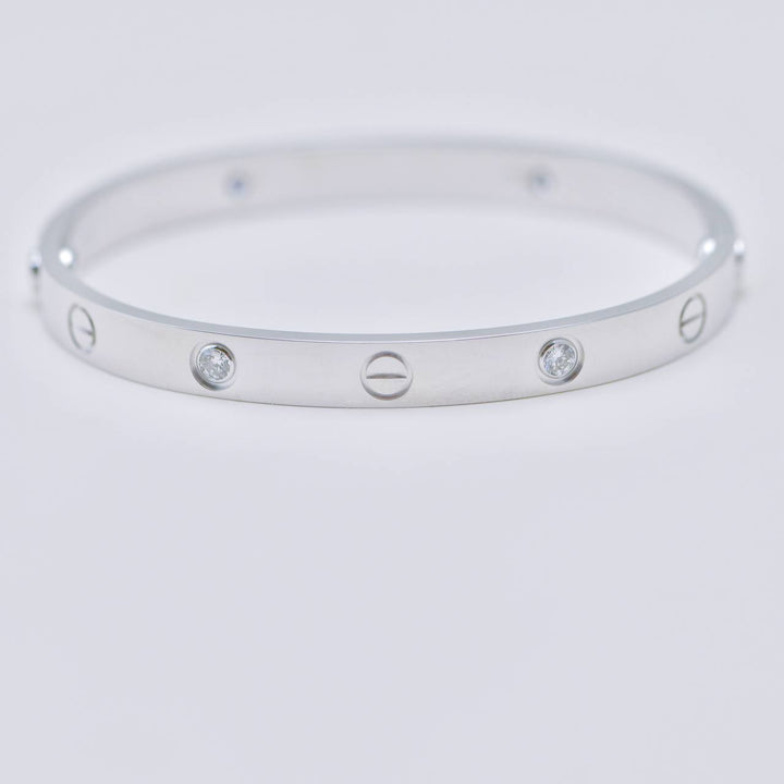 Preowned Authentic Cartier Love 4 Diamond Classic Model Bracelet 18K White Gold  Size 17