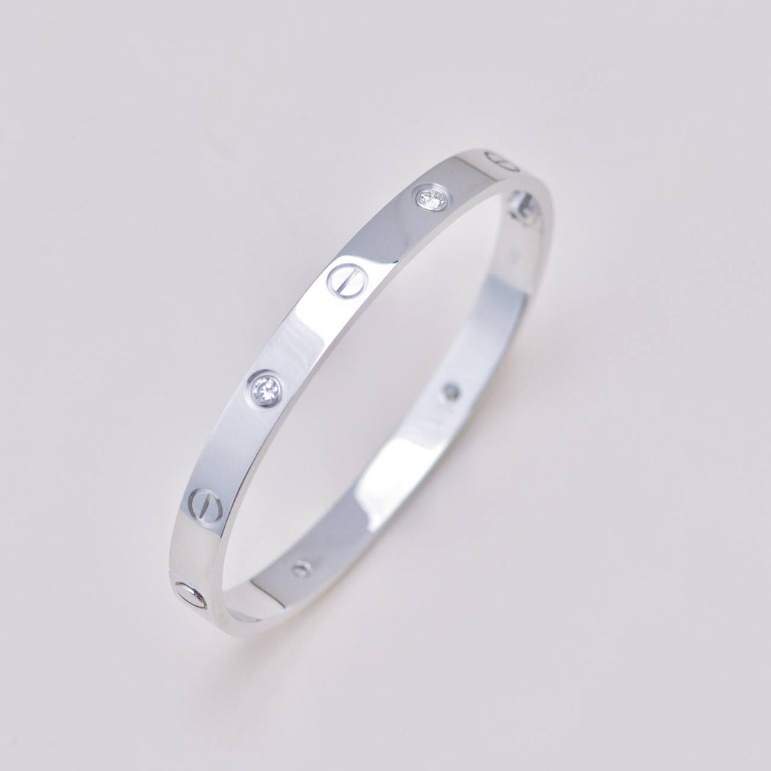 Authentic Second Hand Cartier Love 4 Diamond Classic Model Bracelet Size 17 in 18K White Gold