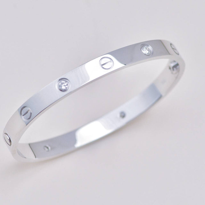 Authentic Used Cartier Love 4 Diamond Classic Model Bracelet Size 17 in 18K White Gold