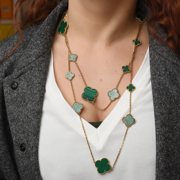 Authentic VCA Magic Alhambra Malachite Necklace 18K Yellow Gold