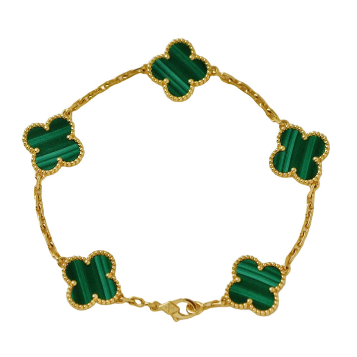 Preloved Authentic Van Cleef & Arpels Vintage Alhambra 5 Motif Malachite Bracelet 18K Yellow Gold