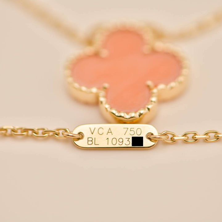 Van Cleef & Arpels Vintage Alhambra Coral Pendant Necklace 18K Yellow Gold