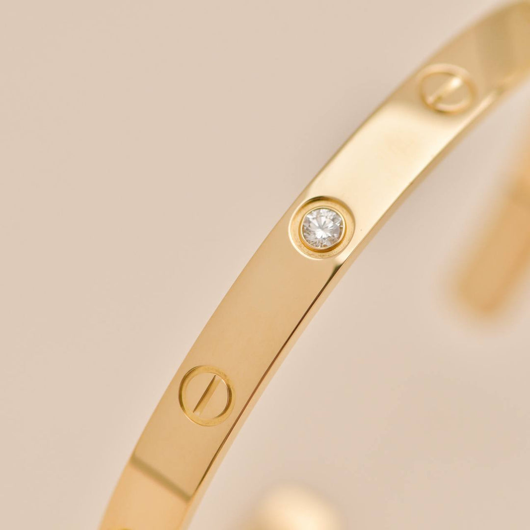 Used Authentic Cartier Love Cuff Bracelet One Diamond 18K Yellow Gold Size 18