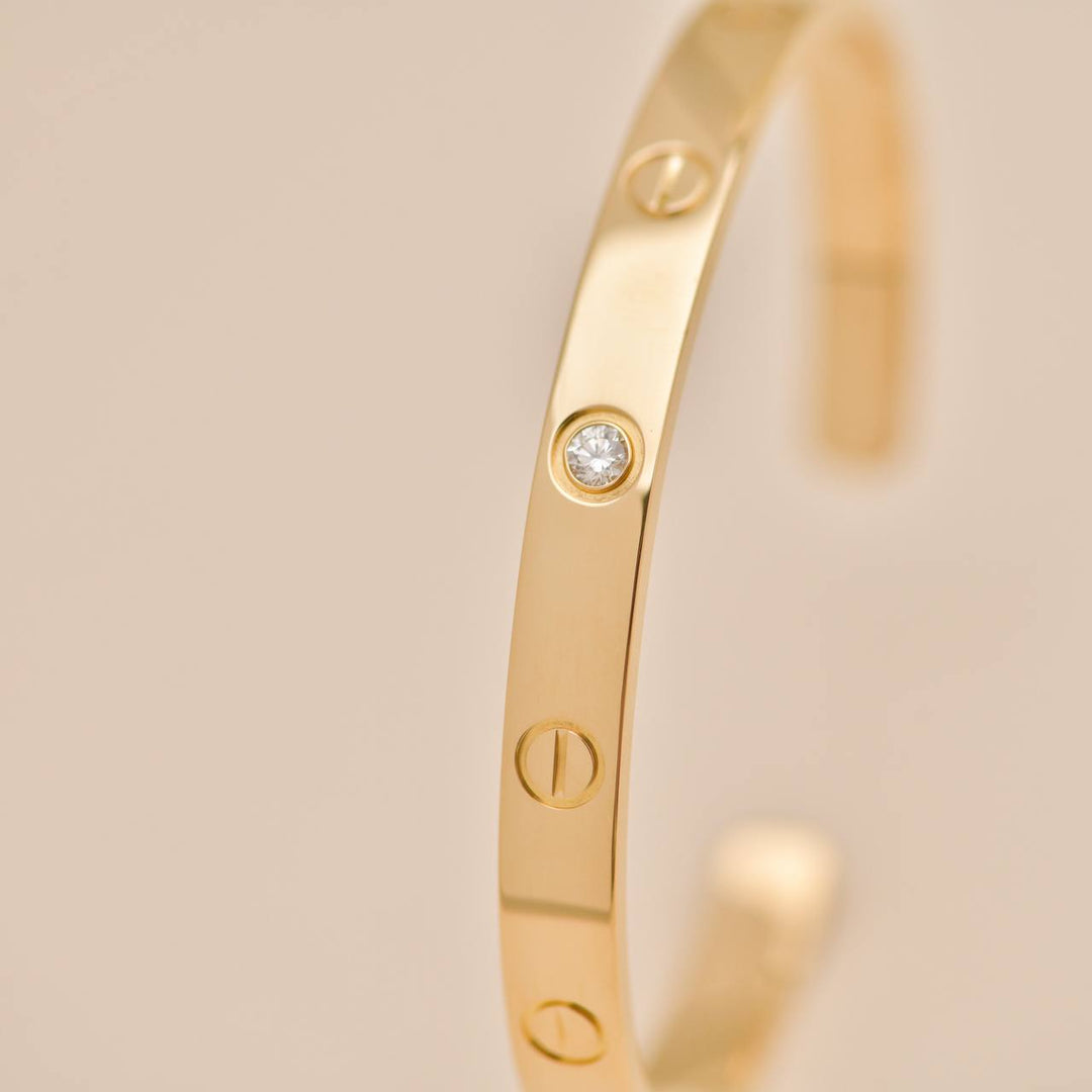 Preowned Authentic Cartier Love Cuff Bracelet One Diamond 18K Yellow Gold Size 18