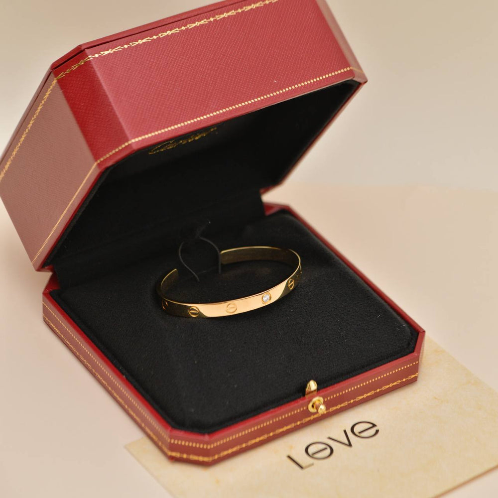 Authentic Preowned Cartier Love Cuff Bracelet One Diamond 18K Yellow Gold Size 18