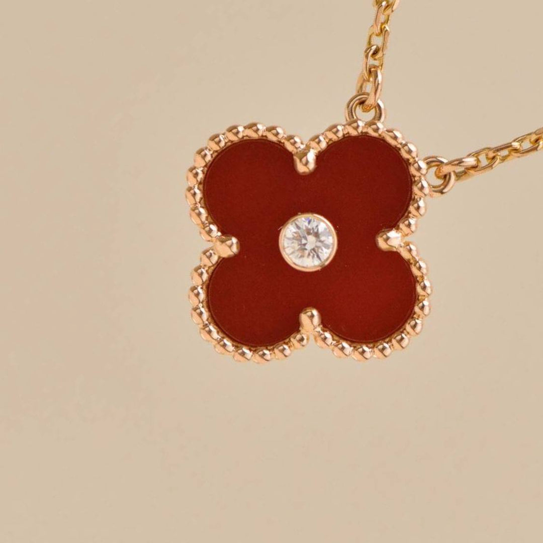 Preloved Van Cleef Alhambra 2011 Holiday Pendant Carnelian Diamond 18K Rose Gold