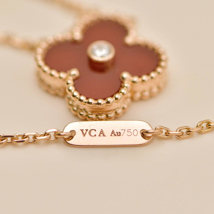 Preowned Van Cleef Alhambra 2011 Holiday Pendant Carnelian Diamond 18K Rose Gold