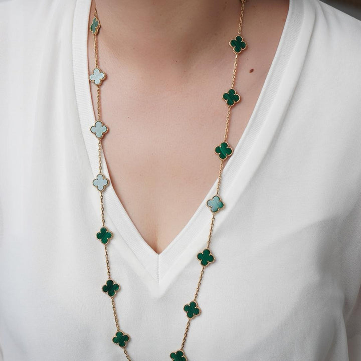 Authentic Preowned Full set Van Cleef & Arpels Vintage Alhambra Malachite 20 Motif Necklace