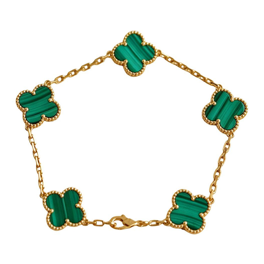 Preloved Authentic Full set Van Cleef & Arpels Vintage Alhambra 5 Motif Malachite Bracelet 18K Yellow Gold