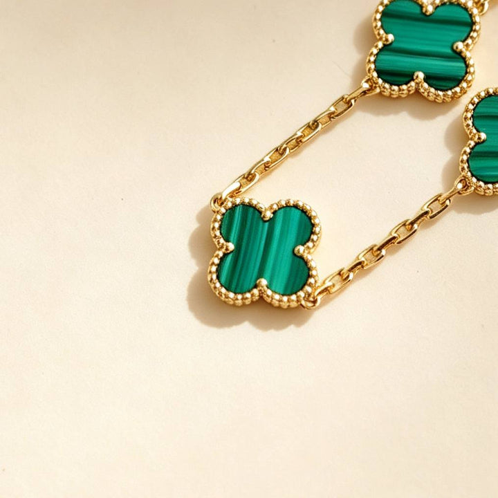 Preloved Authentic VCA Vintage Alhambra 5 Motif Malachite Bracelet 18K Yellow Gold