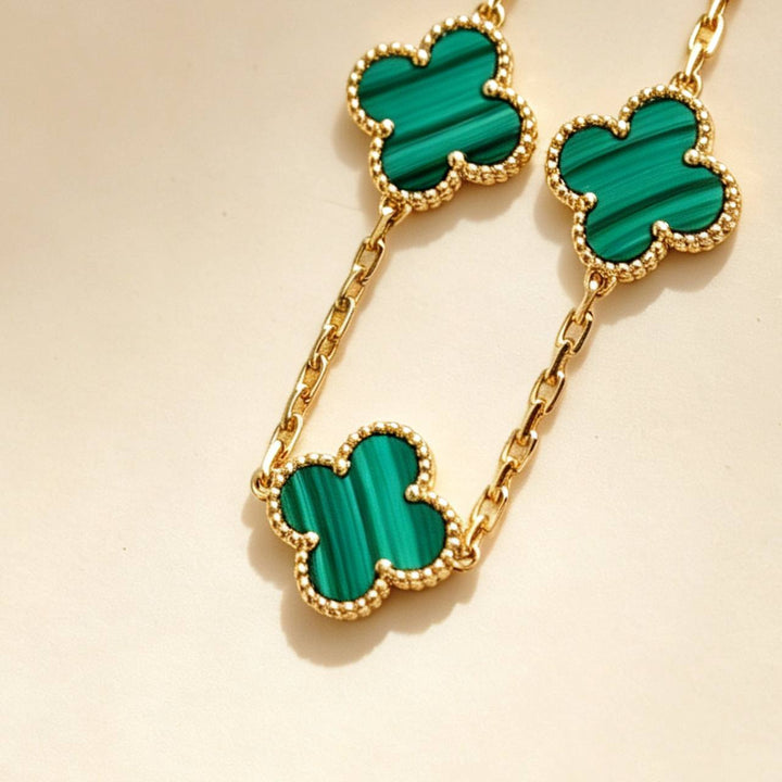Preowned Authentic VCA Vintage Alhambra 5 Motif Malachite Bracelet 18K Yellow Gold
