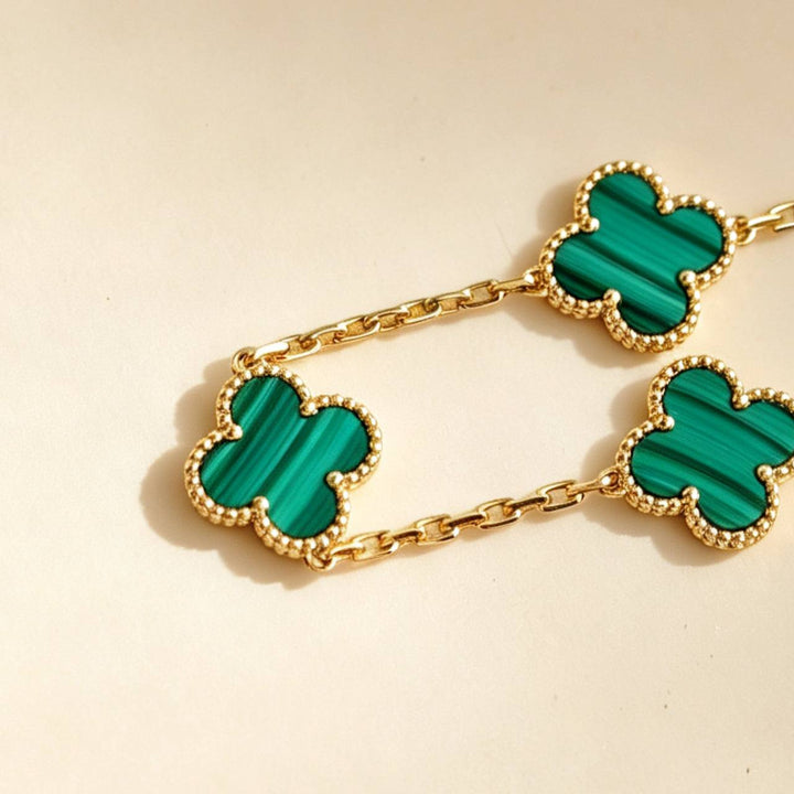 Second Hand Authentic VCA Vintage Alhambra 5 Motif Malachite Bracelet 18K Yellow Gold