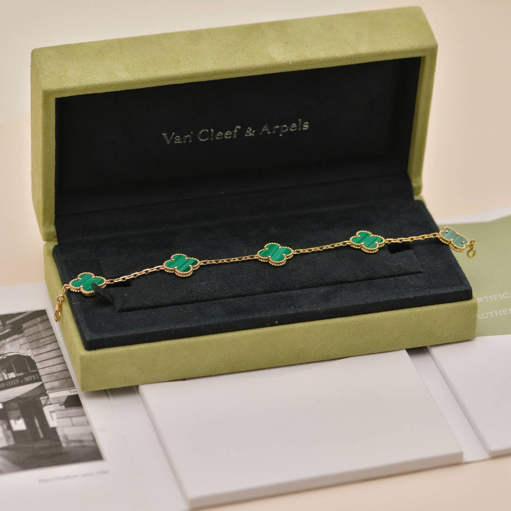 Preowned Authentic Full set Van Cleef & Arpels Vintage Alhambra 5 Motif Malachite Bracelet 18K Yellow Gold
