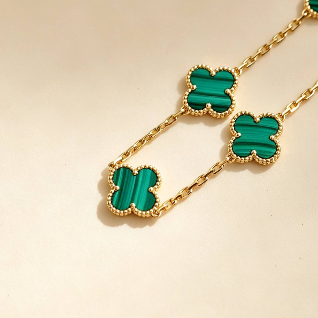 Preloved Authentic Van Cleef Vintage Alhambra 5 Motif Malachite Bracelet 18K Yellow Gold
