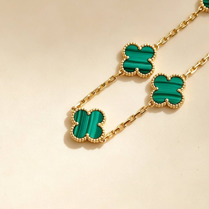 Preloved Authentic Van Cleef Vintage Alhambra 5 Motif Malachite Bracelet 18K Yellow Gold