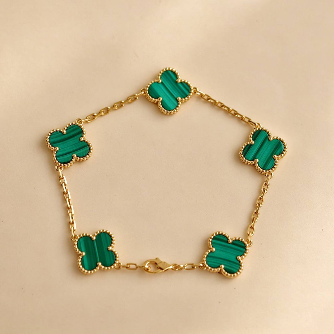 Authentic VCA Vintage Alhambra 5 Motif Malachite Bracelet 18K Yellow Gold