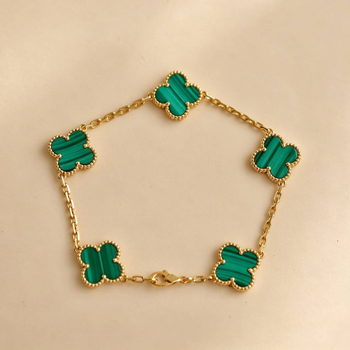 Authentic VCA Vintage Alhambra 5 Motif Malachite Bracelet 18K Yellow Gold