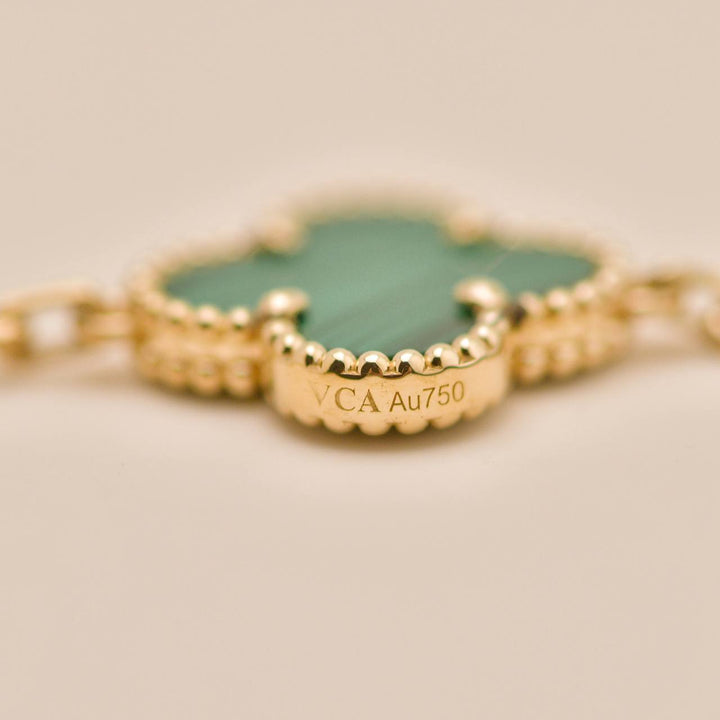 Second Hand Authentic Van Cleef Vintage Alhambra 5 Motif Malachite Bracelet 18K Yellow Gold