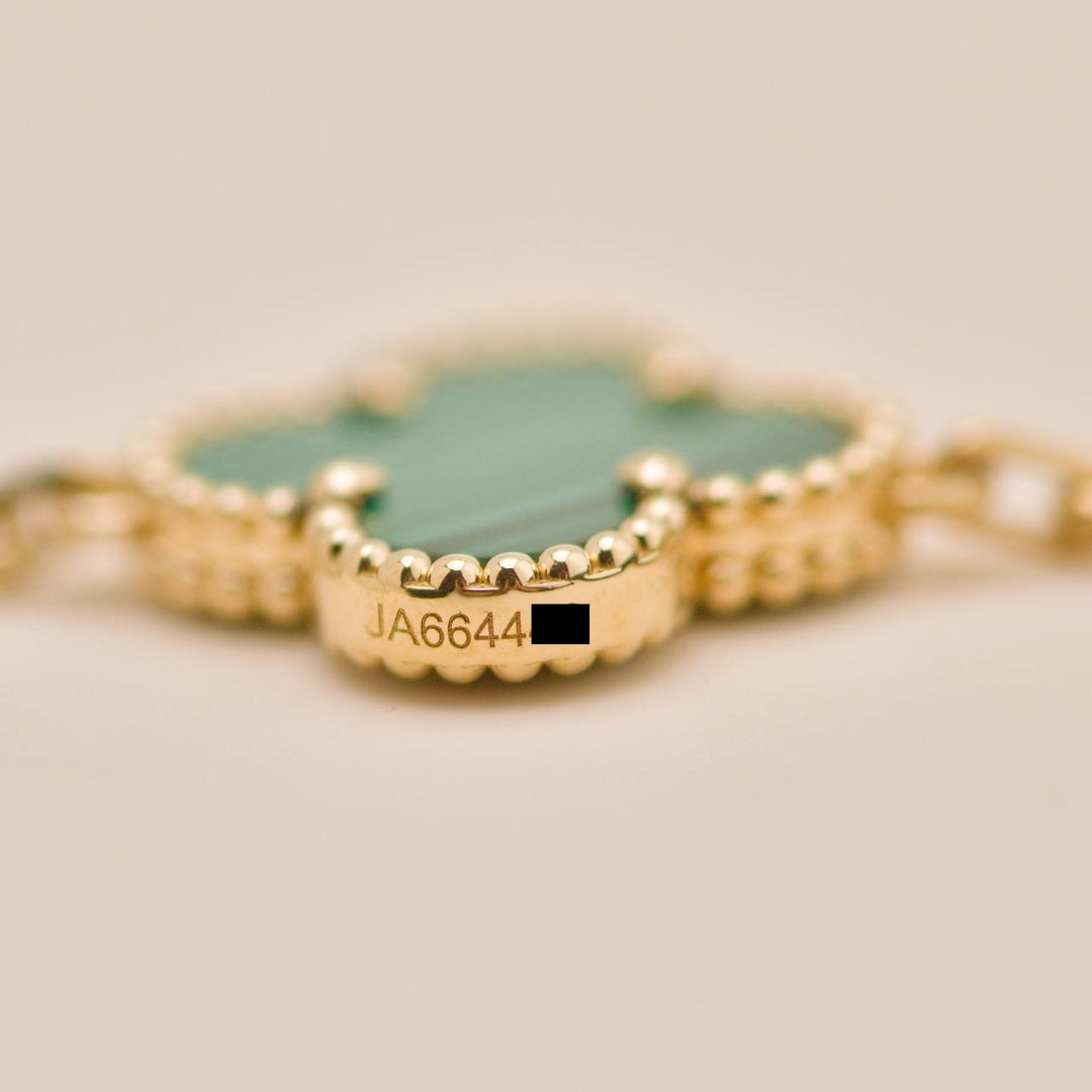 Authentic Van Cleef Vintage Alhambra 5 Motif Malachite Bracelet 18K Yellow Gold