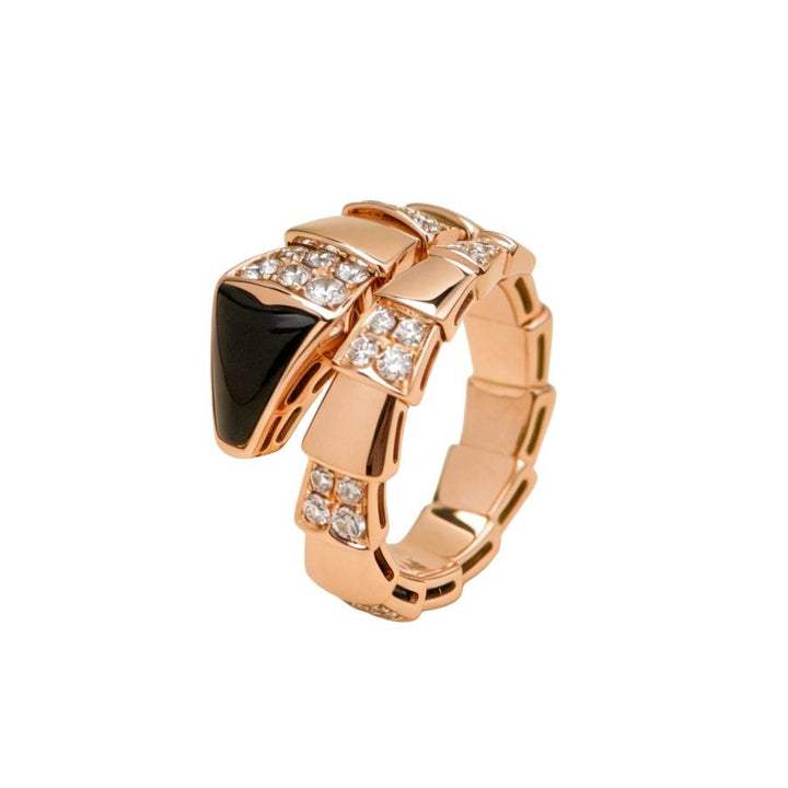 Preloved Authentic Full set Bvlgari Serpenti Viper One Coil Onyx & Diamond 18K Rose Gold Ring Size M