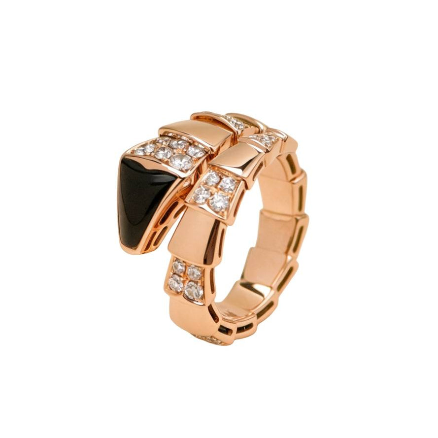 Preloved Authentic Full set Bvlgari Serpenti Viper One Coil Onyx & Diamond 18K Rose Gold Ring Size M