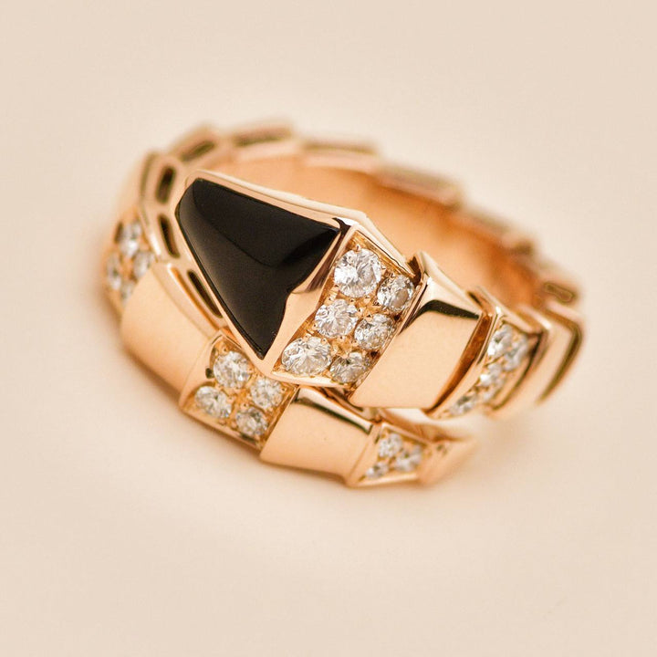 Preloved Authentic Bvlgari Serpenti Viper One Coil Onyx & Diamond 18K Rose Gold Ring Size M