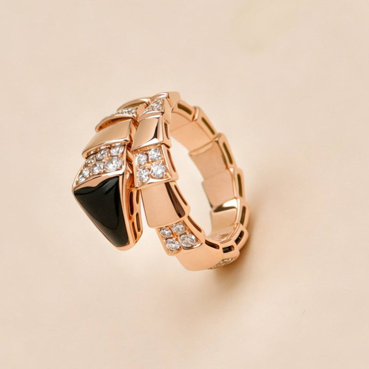 Preowned Authentic Bvlgari Serpenti Viper One Coil Onyx & Diamond 18K Rose Gold Ring Size M